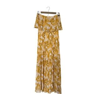 Aakaa Med Mustard Yellow White Off Shoulder Tropical Maxi Dress Cottagecore Boho
